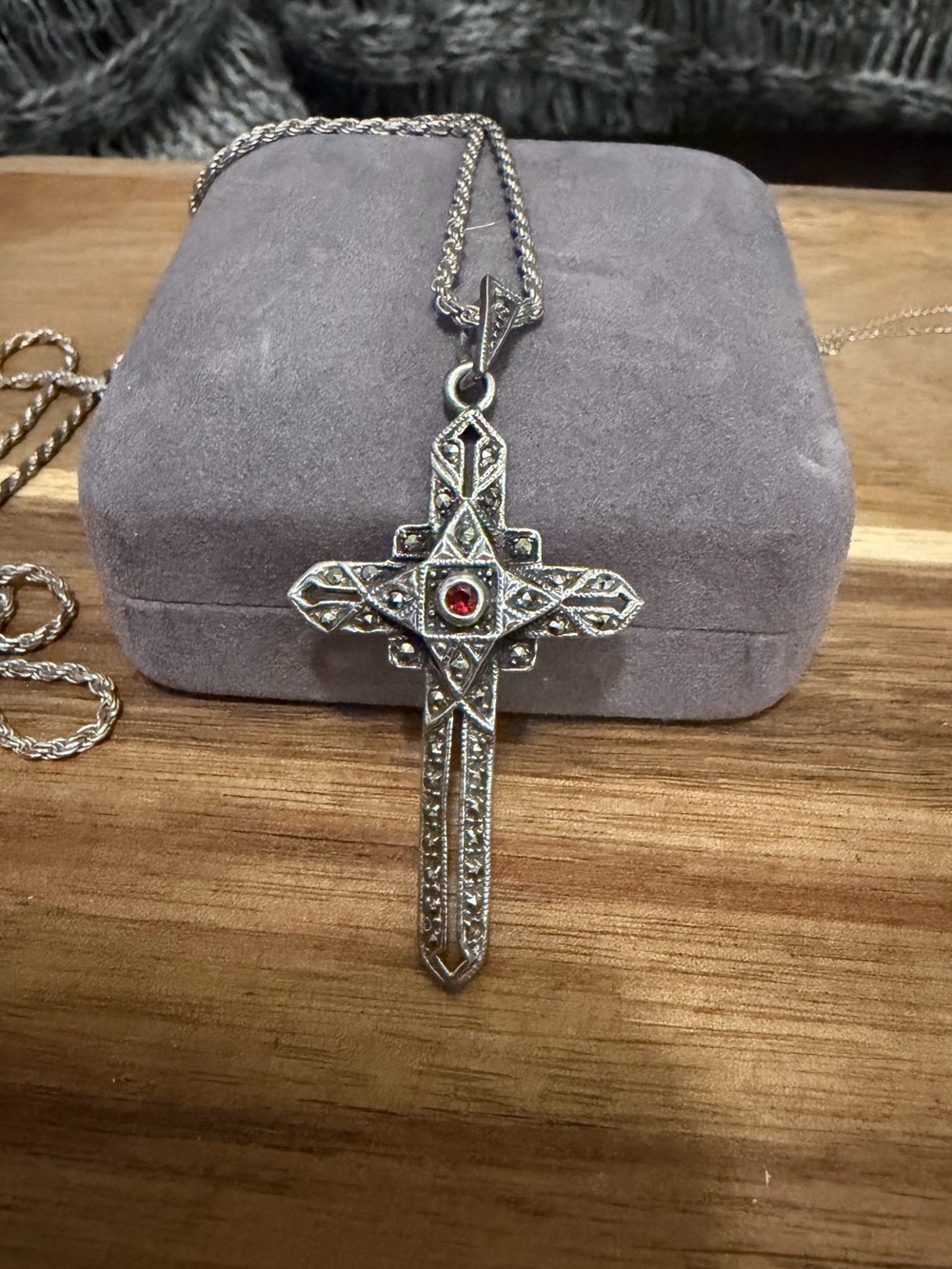 Sterling Silver Cross Pendant Necklace with garnet Stone